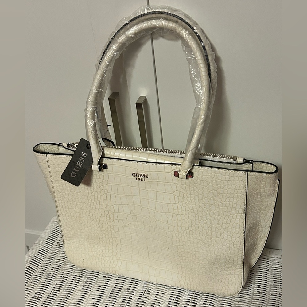 Guess White Croc-Embossed Tote Bag